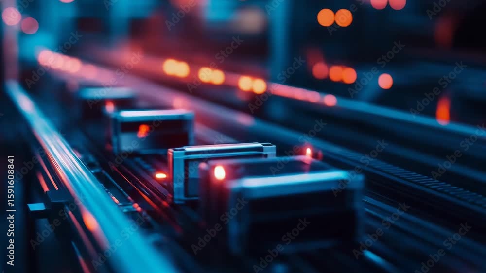 Poster dynamic industrial automation sequence featuring luminous electronic units advancing along a modern 