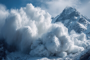 An avalanche cascades down a snowy mountain, showcasing nature's destructive power.