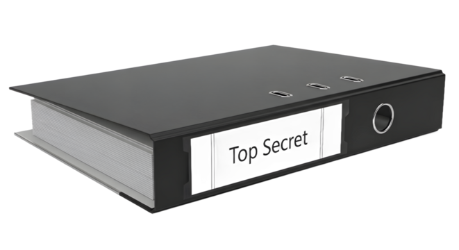 Black Top Secret File Binder with Label on White Background