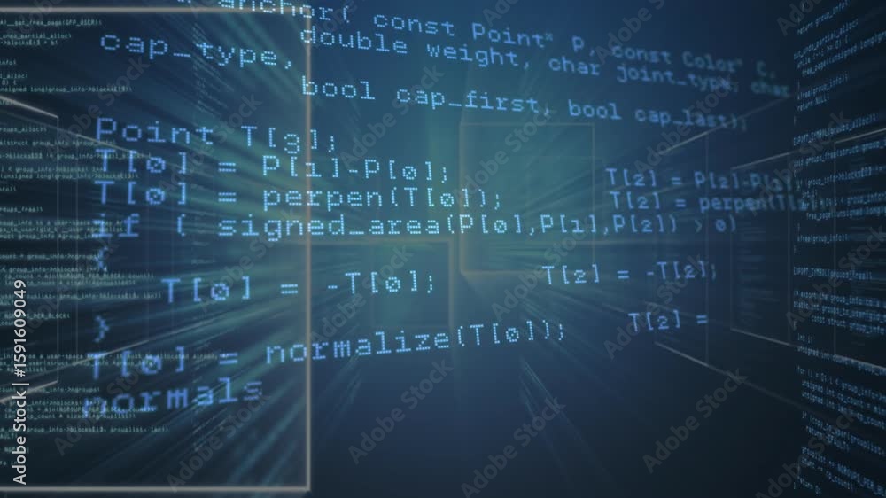 Poster on code snippet animation, panels rotating through glowing grid tunnel, visualizing api calls flow