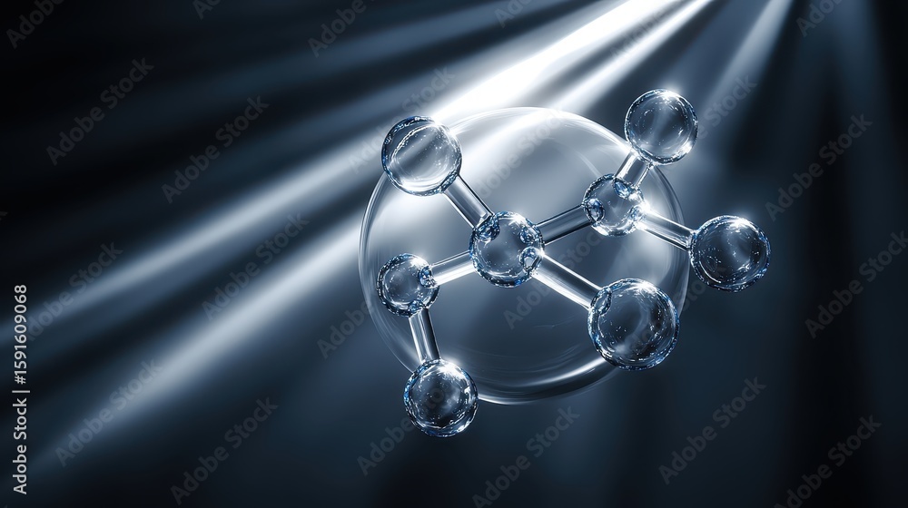 Poster transparent molecule structure with light rays and dark background
