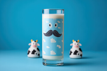 Obraz premium A cheerful glass of milk with a mustache and playful cow figurines on a vibrant blue backdrop.