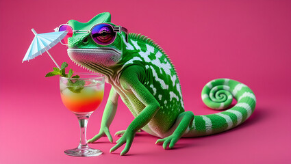 Fashionable Bright Green Chameleon Posing Confidently on a Vibrant Surface – Colorful Reptile with Unique Texture and Style