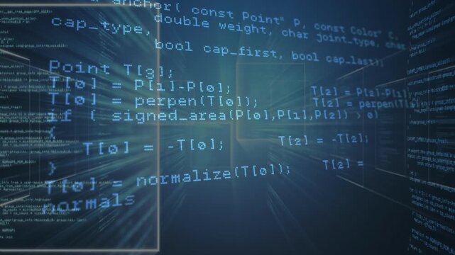 On code snippet animation, panels rotating through glowing grid tunnel, visualizing API calls flow
