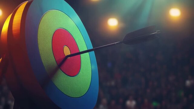 Archery target arrow bullseye sport competition focus precision accuracy colorful audience stadium lighting game aim challenge outdoor recreation activity equipment arrowhead archery range shot arrow