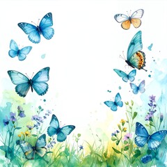 色とりどりの野花の間を舞う青い蝶が舞う柔らかな水彩デザイン