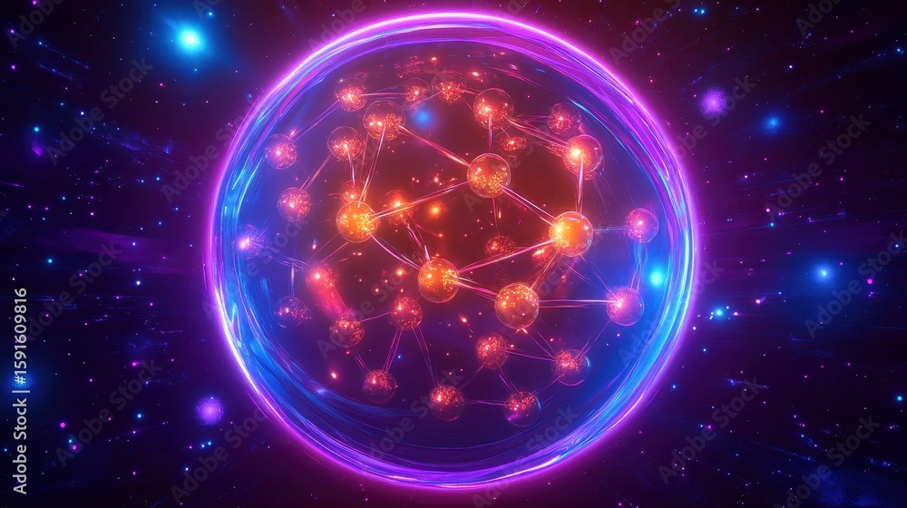 Poster vibrant abstract visualization of atomic structure in space