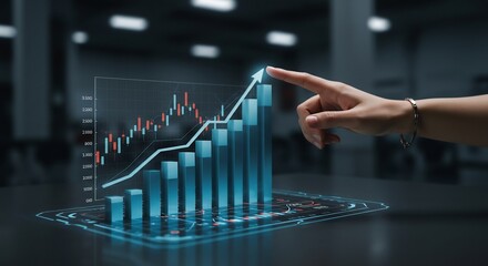 Interactive Financial Growth: Hand Guiding Ascending Bar Graph and Candlestick Chart on Futuristic Interface