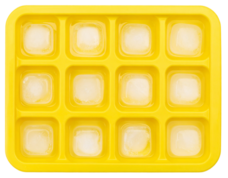 Top-Down View of Yellow Silicone Ice Cube Tray Filled with Water, Isolated on Transparent Background PNG