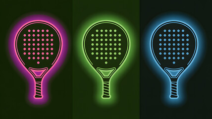 Three padel tennis rackets with vibrant neon glow effects in pink, green, and blue colors against dark background. Modern digital art style with dramatic lighting and colorful auras perfect for sports