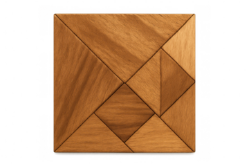 Wooden tangram puzzle forming a square shape, isolated on transparent background, presents a challenging yet rewarding activity