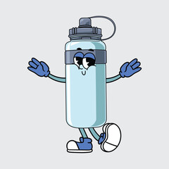 Cute cartoon sport bottle character cheerfully with gloves, sneakers, and a happy face illustration