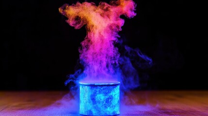 Vibrant Colorful Smoke Emanating from Container on Dark Background