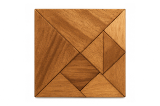 Wooden tangram puzzle forming a square shape, isolated on transparent background, presents a challenging yet rewarding activity