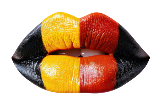 closeup of female lips painted in color black red yellow (gold) in design of german flag colors isolated on white or transparent png