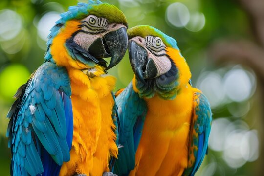 Couple of blue and yellow macaws showing affection in a green, natural environment - Powered by Adobe