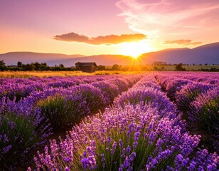 Lavender field at sunset.  Vast purple blooms under golden light