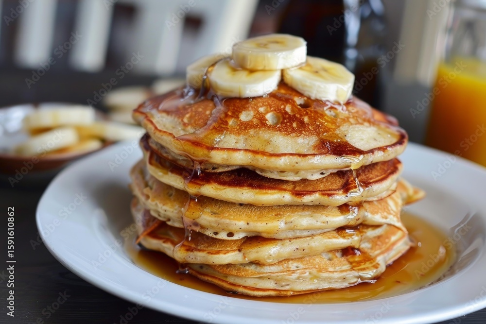 Poster delicious stack of pancakes with syrup and sliced bananas creating a tempting breakfast