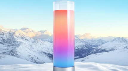 Vibrant Gradient Beverage Glass in Serene Snowy Mountain Landscape