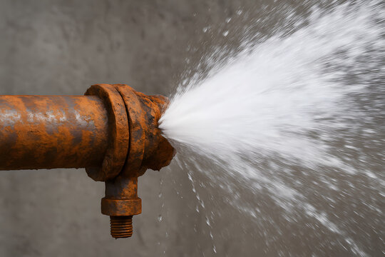 Rusty metal pipe burst with high pressure water leakage, concept of plumbing failure, infrastructure damage, emergency repair, corrosion risk, maintenance issue, water wastage, pipeline problem

