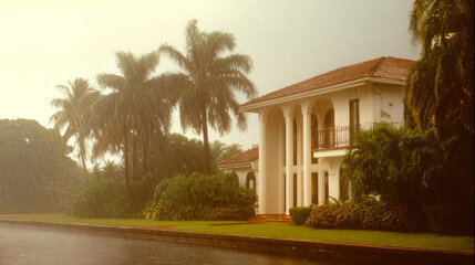 Vintage Waterfront Mansion in Moody Rainstorm
