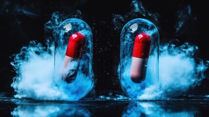 Vibrant Red and Pink Capsules Surrounded by Colorful Smoke Effects