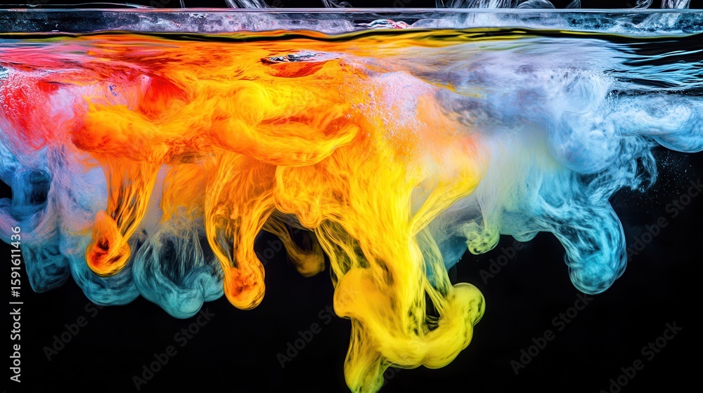 Poster vibrant swirls of colorful ink in water creating dynamic abstract art