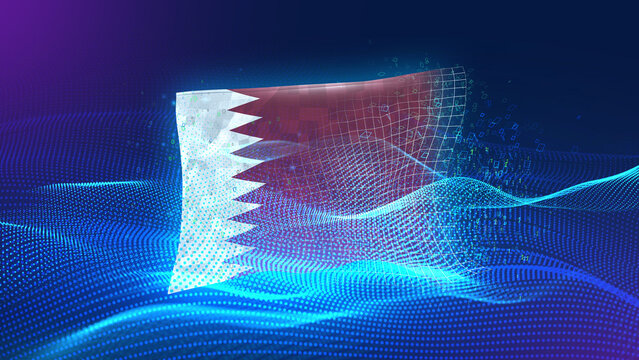 qatar A futuristic digital background merging with a national flag symbol, representing the concept of technology, innovation, and digital transformation while preserving cultural identity.