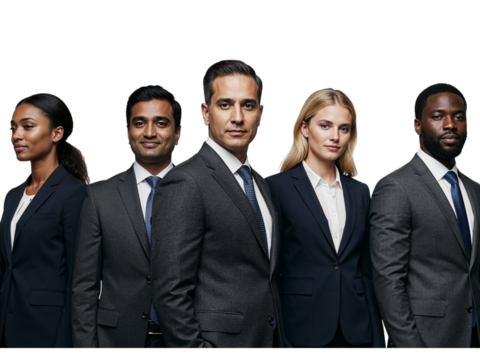 Diverse group of five business professionals in formal suits standing together looking confident isolated on transparent background