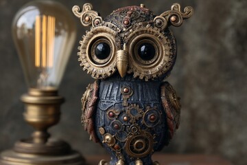 Obraz premium Steampunk Owl Figurine Amidst Gears and Vintage Light Bulbs