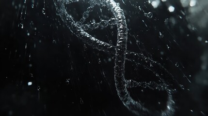 Water Droplets Surrounding DNA Helix in Dark Background