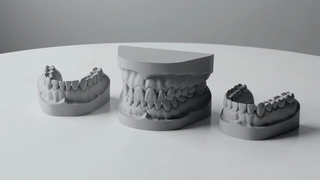Dental jaw models on white table, showing full and partial arch, orthodontics future diagnosis footage.