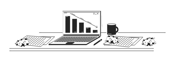 Cluttered desk with declining bar chart on laptop doodle linear object. Paper balls, failed project data 2D vector outline clip art drawing isolated on white. Hand drawn sketch illustration