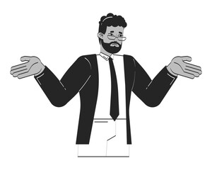 Confused corporate black man shrugging with open hands doodle linear character. African american professional uncertain 2D vector outline person isolated. Hand drawn drawing illustration monochrome
