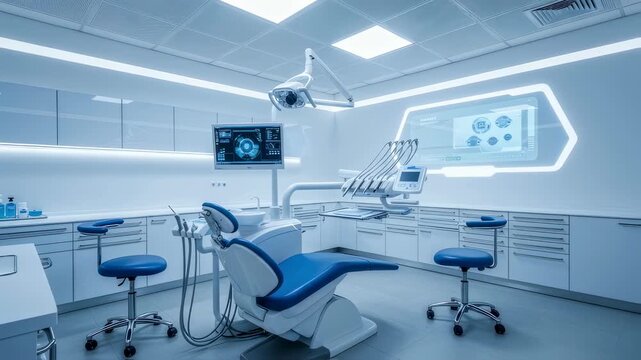 Modern dental office with futuristic technology and equipment. Empty chair in high tech stomatology clinic for future dental treatment.