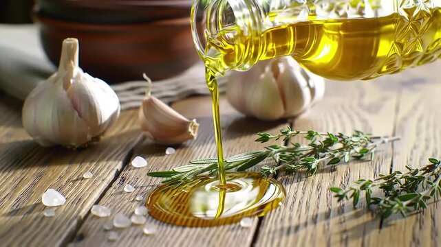 Golden olive oil is poured from a glass bottle onto a rustic wooden table next to fresh garlic bulbs rosemary and thyme sprigs creating a culinary scene