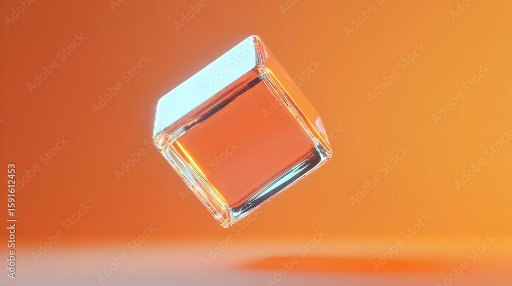 Poster a translucent, square, glass cube floats in mid-air against a gradient orange-peach background. the 