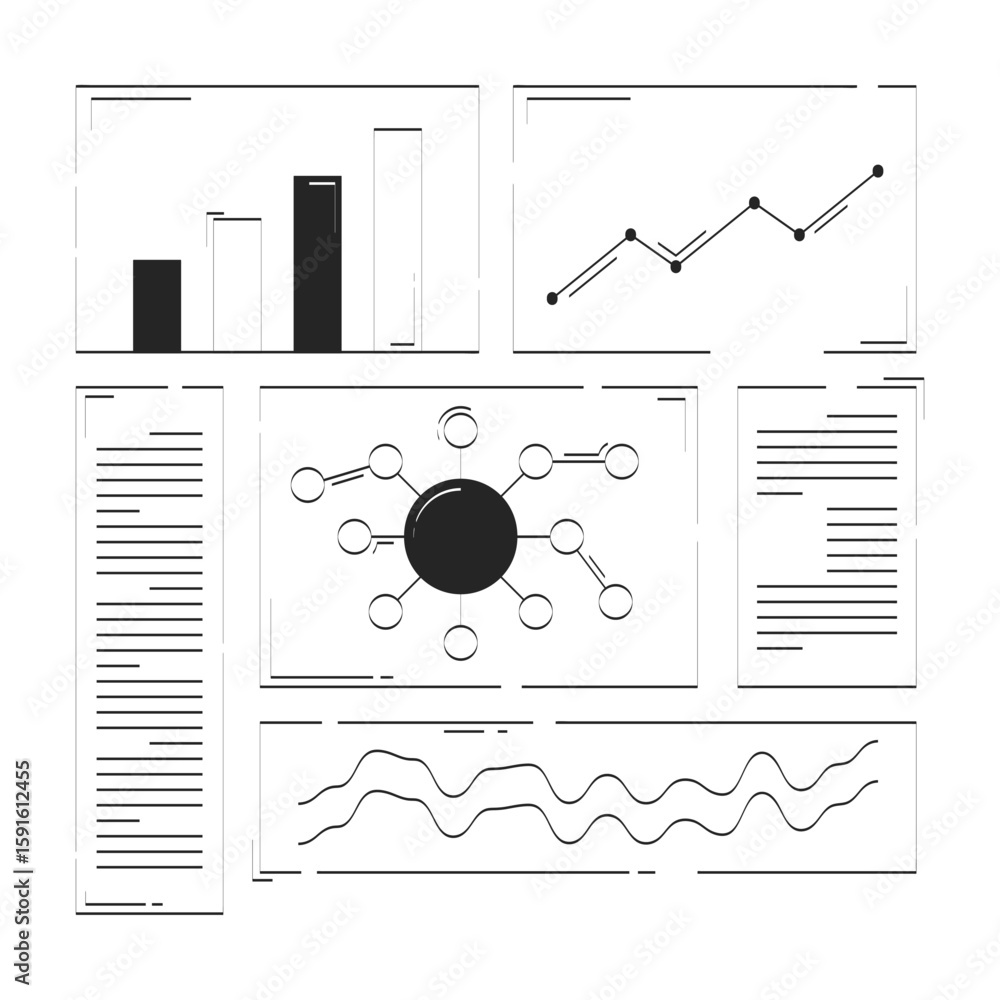  analytical dashboard with charts and diagrams doodle linear objects set. bar graph, data summary 2d 