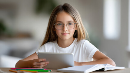 happy schoolgirl sitting on table holding table