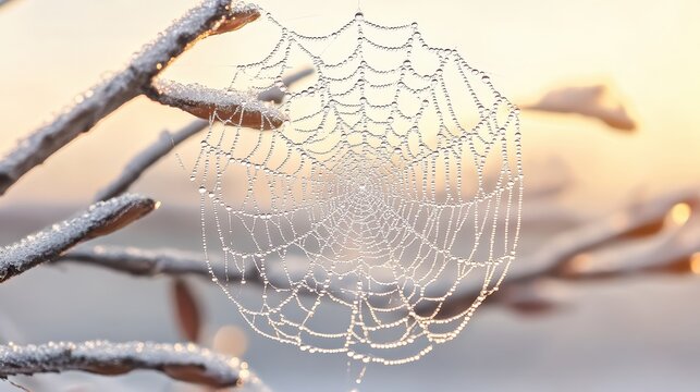 Frosty Spider Web with Dew Drops on Branches in Winter Morning Light - Powered by Adobe