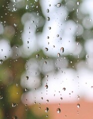 A close-up of raindrops clinging to a window on a rainy day.