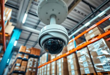 Ceiling-mounted security camera overlooking stacked warehouse boxes, loss, security