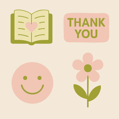 Thank you card design. Wholesome illustration of a smiling face and flowers with a “Thank You” message.