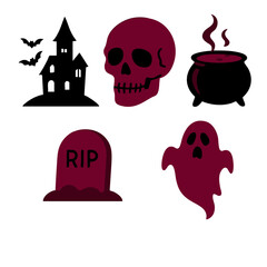 Halloween spooky set. Creepy Halloween-themed icons including skull, ghost, and haunted house