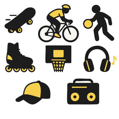 Sports and hobbies icons. Set of black and yellow icons representing various sports and hobbies like cycling, skating, and music.