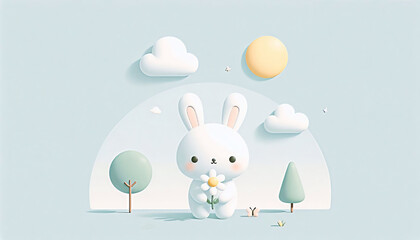 Obraz premium Minimal Pastel Wallpaper with White Bunny and Daisy in Blue Sky