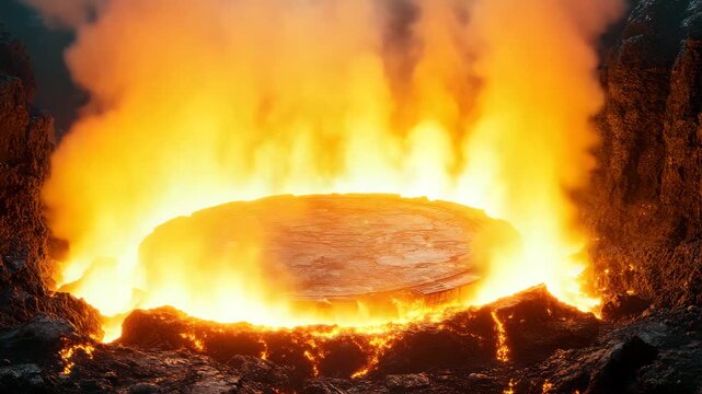 Molten lava glowing bright orange with thick smoke rising from volcanic crater surrounded by dark rocky terrain and ancient stone circular platform surrounded by glowing lava and fire dark volcanic