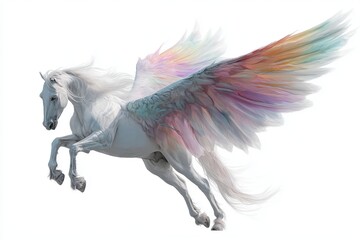 White pegasus horse with rainbow wings on isolated transparent background