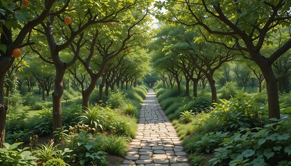 Fototapeta premium Walking Stone Path Through Green Trees and Lush Garden Landscape
