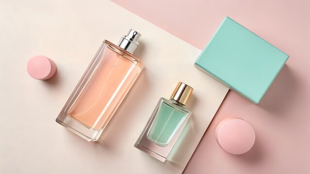 A stylish arrangement of perfume bottles and a box in pastel colors creates a modern and elegant beauty still life